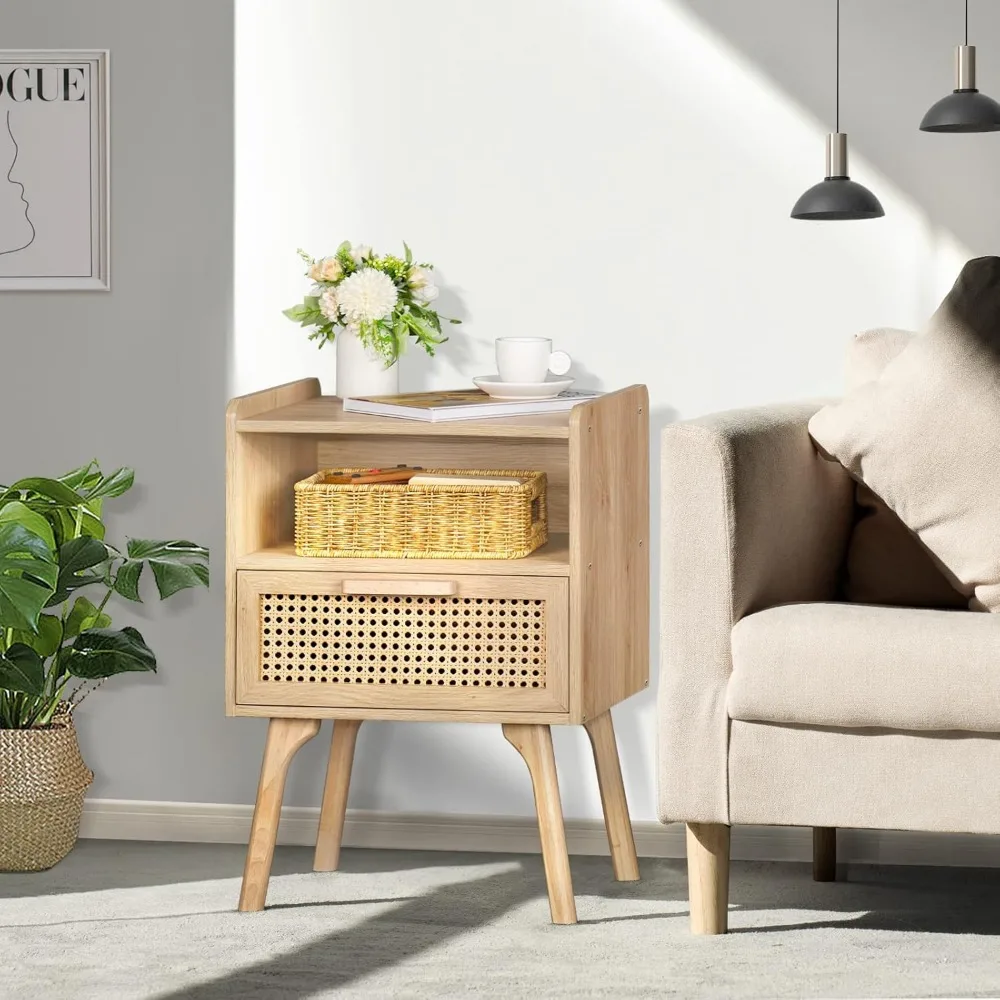 Nightstands Set of 2, Side Table with Drawer Open Shelf, Bedside End Table with Solid Wood Legs for Bedroom, Dorm. Nightstands 4