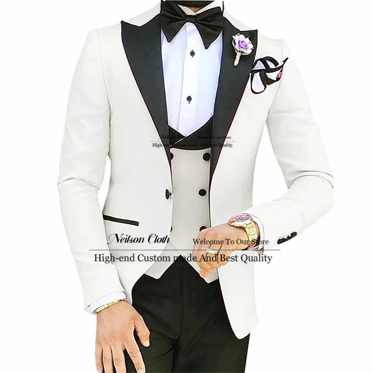 

New White Men Suits Peaked Lapel Groom Wedding Tuxedos 3 Pieces Business Male Prom Blazers Slim Fit Groomsmen Terno Masculino