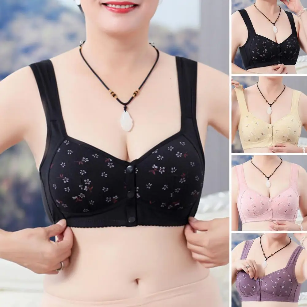 

Women Bra Flower Print Wireless Push-up Bra with Wide Straps Easy Front Buckle Soft Sleep Bra for Women Women Front Button Bra