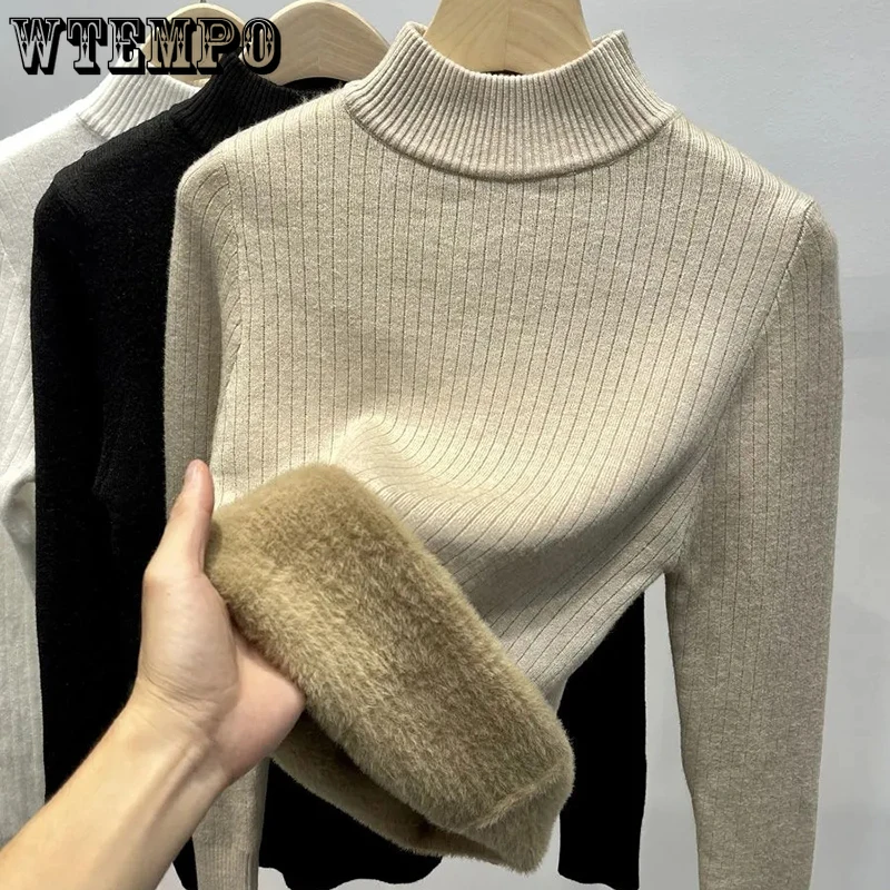 

WTEMPO зимний женский тонкий мягкий трикотажный свитер с бархатной подкладкой и высоким воротником в Корейском стиле