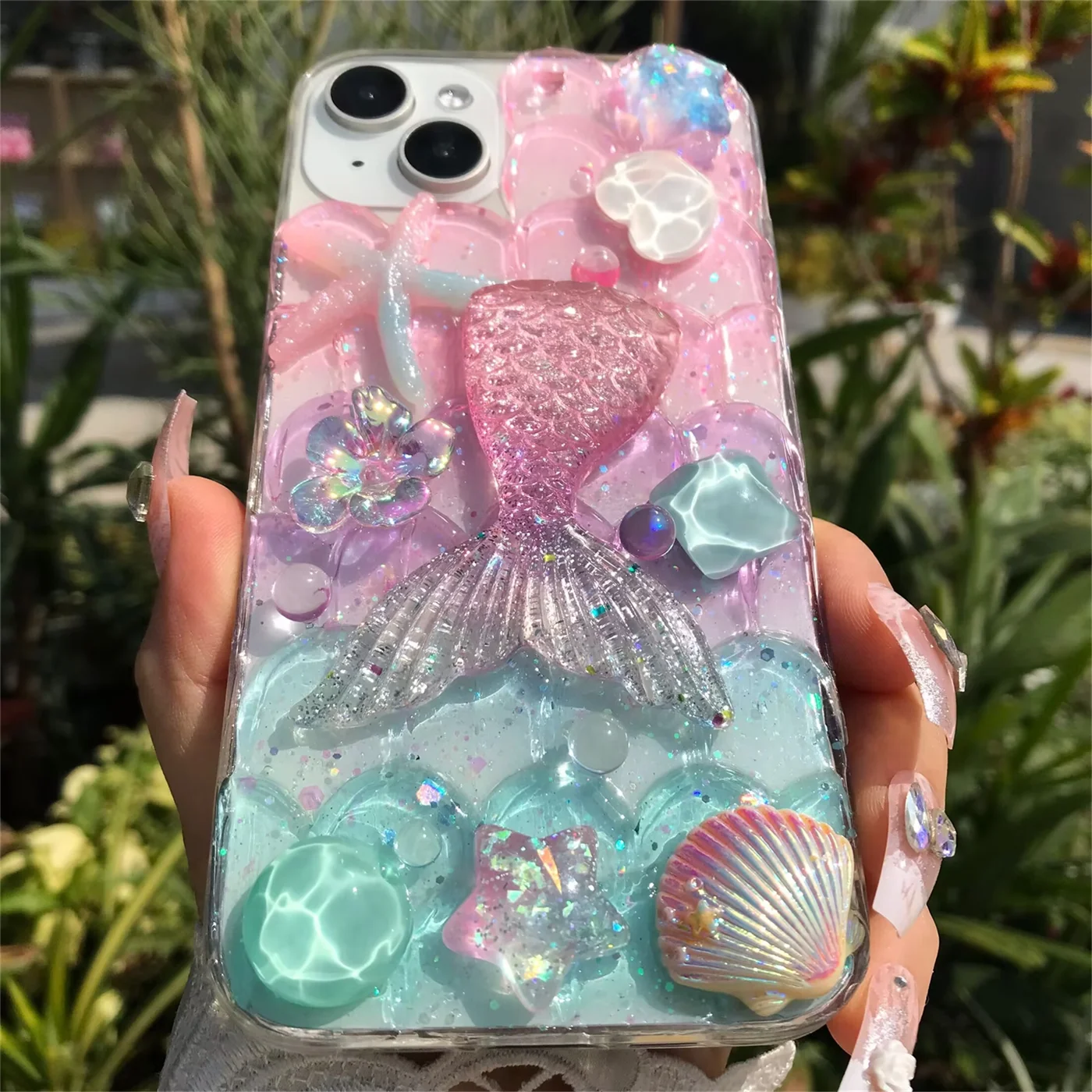 Handmade Mermaid Ripple Stone Flower Dolphin Starfish Soft TPU Acrylic Dustproof Phone Case