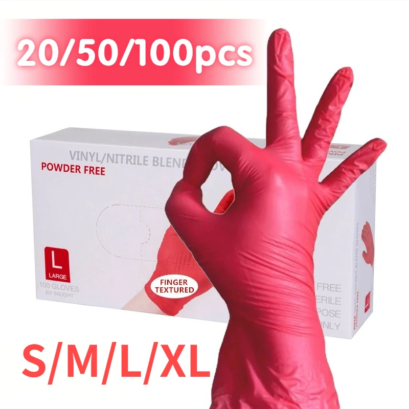 Red Nitrile Gloves 20/50/100PCS Household Disposable Waterproof Nitrile Gloves Tattoo Dyeing Hair Washing Dish Cleaning Tools Disposable Gloves Nitrile Gloves Cleaning Gloves