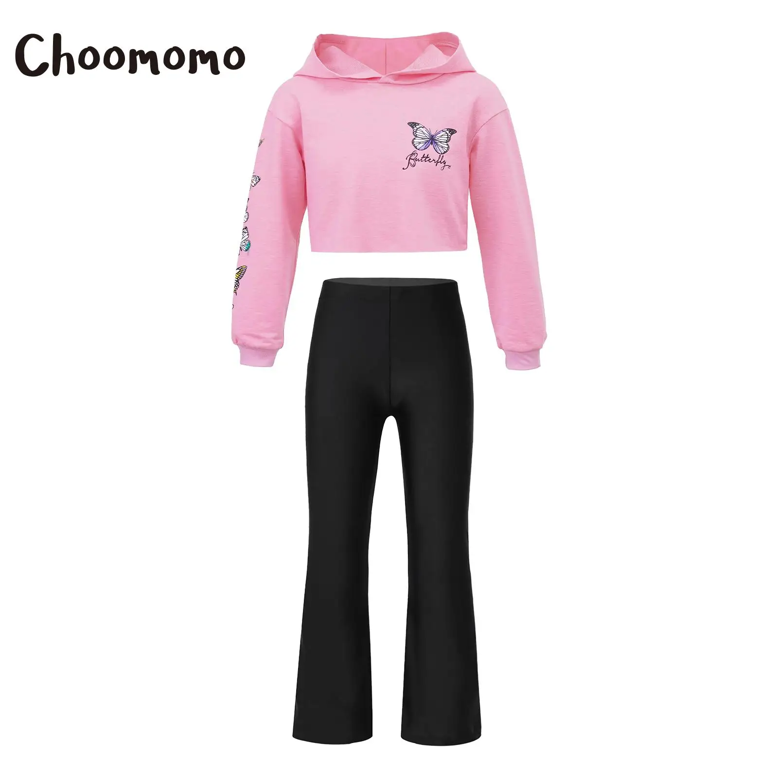 

Детские спортивные костюмы Choomomo для девочек 6-14 дюймов из 2 предметов, укороченные свитшоты с длинным рукавом и свободные брюки с капюшоном и принтом бабочки, повседневные спортивные костюмы