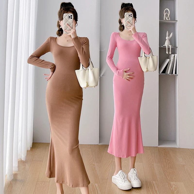 

2024 Spring Maternity Cotton Dress Solid Color Stretched Pregnant Woman Fishtail Dress Slim Sexy Pregnancy Basic Dress Trumpet