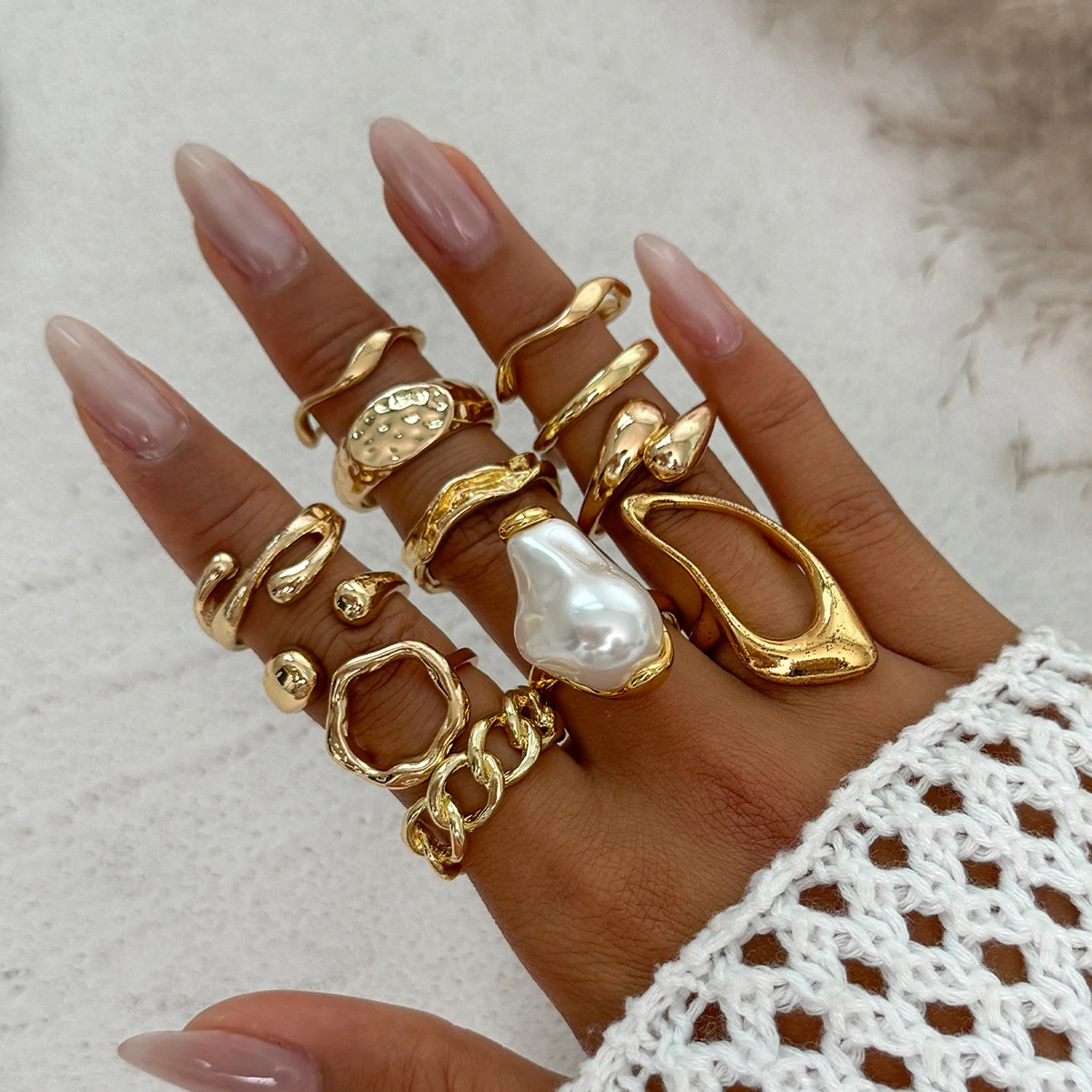 Ingemark 12 Teile/satz Vintage Imitation Perle Wasser Tropfen Offene Ringe für Frauen Goth Unregelmäßige Geometrische Ring Hochzeit Finger Schmuck