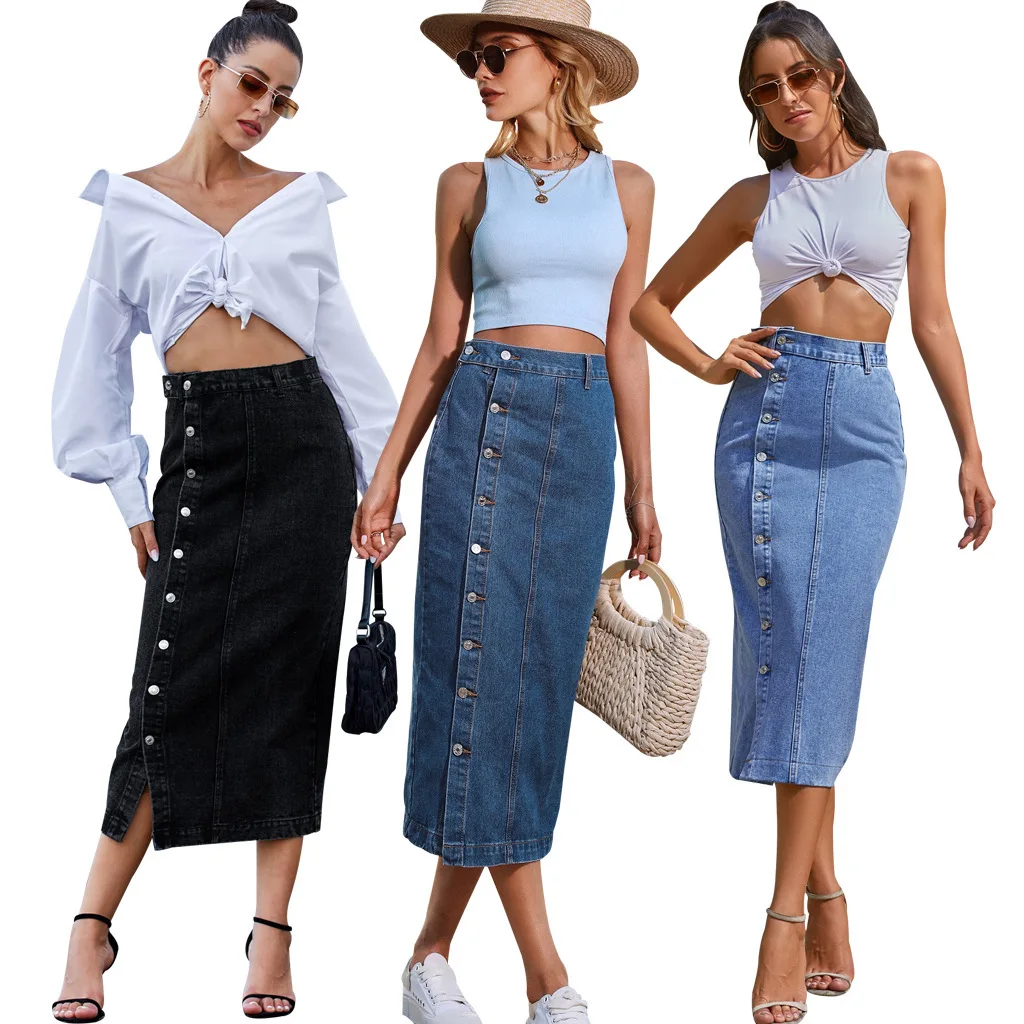 

Women's High Waisted Washed Button Front Denim Long Skirt A Line Maxi Pencil Skirt Ins Side Split Hem Stretchy Blue Jean Skirt