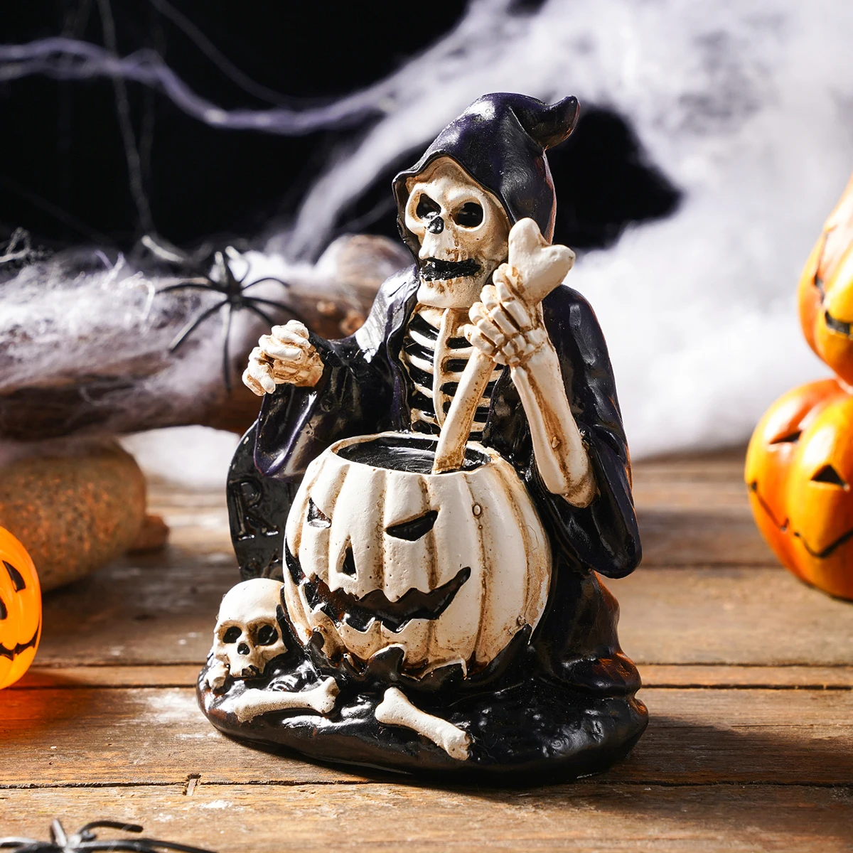 1PC, Halloween Deco retro and funny skull medicine decoction decorative statue, resin material decorative handicraft