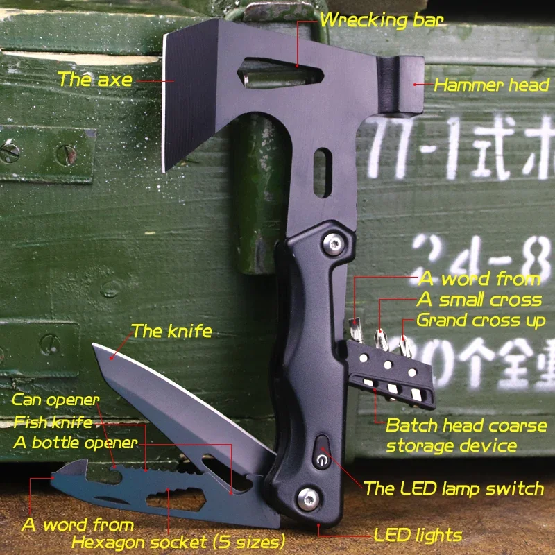 Outdoor multifunctional portable folding axe Hammer Stainless steel camping survival axe car broken window claw hammer tool 6