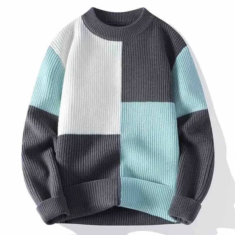 

Man Clothes Blue Knitted Sweaters for Men Crewneck Pullovers Plaid Round Collar Knitwears Sweat-shirt Japanese Harajuku Fashion