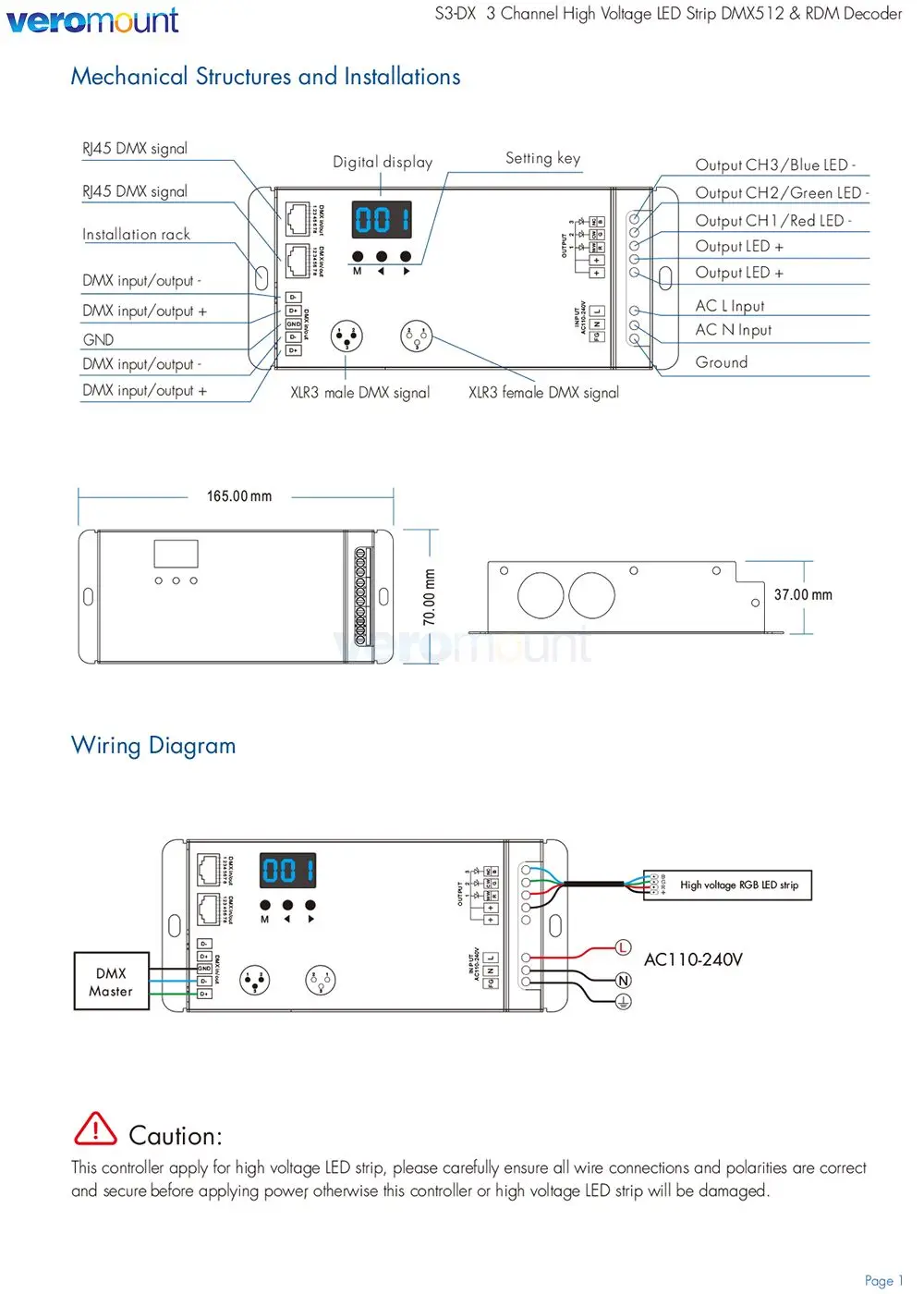 Skydance S3-DX 3 Channel High Voltage AC 110V 220V DMX 512 RDM Decoder LED Strip Controller Numeric Digital Display Dimmer