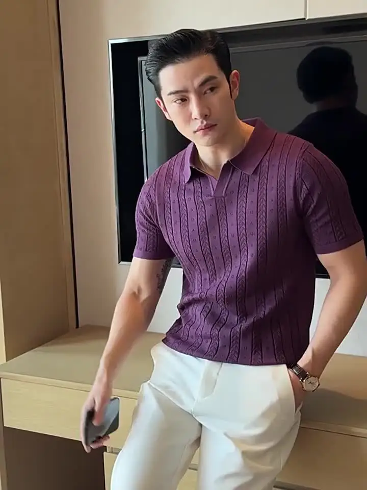 Men's Polo Shirt, Striped Jacquard Knit Short Sleeve, T-shirt V