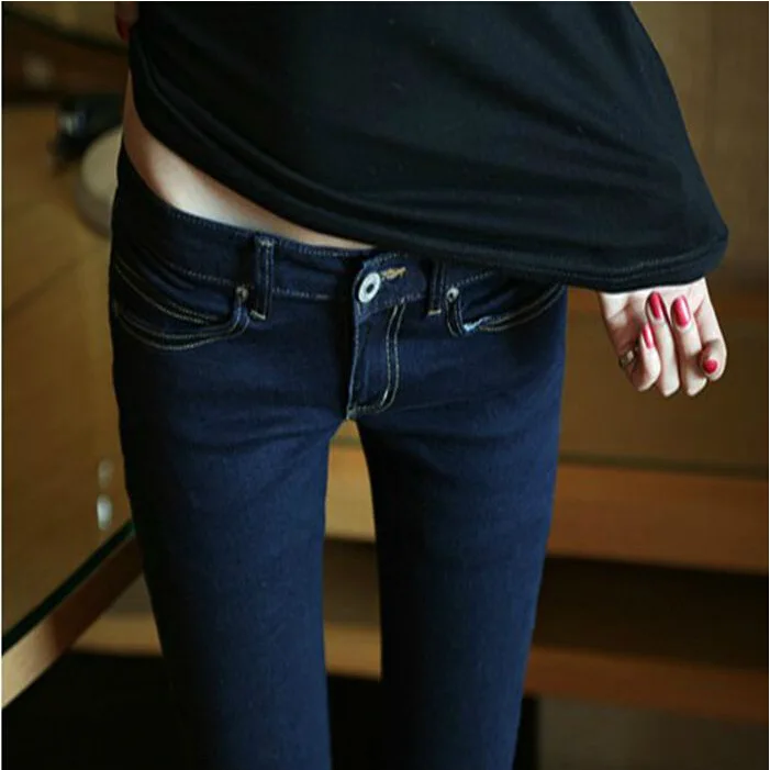 Low Waist Autumn Denim Jeans Women's Nine Points Slim Fit Elastic Butt Lifting Cuffed Pants Bla Long Trousers