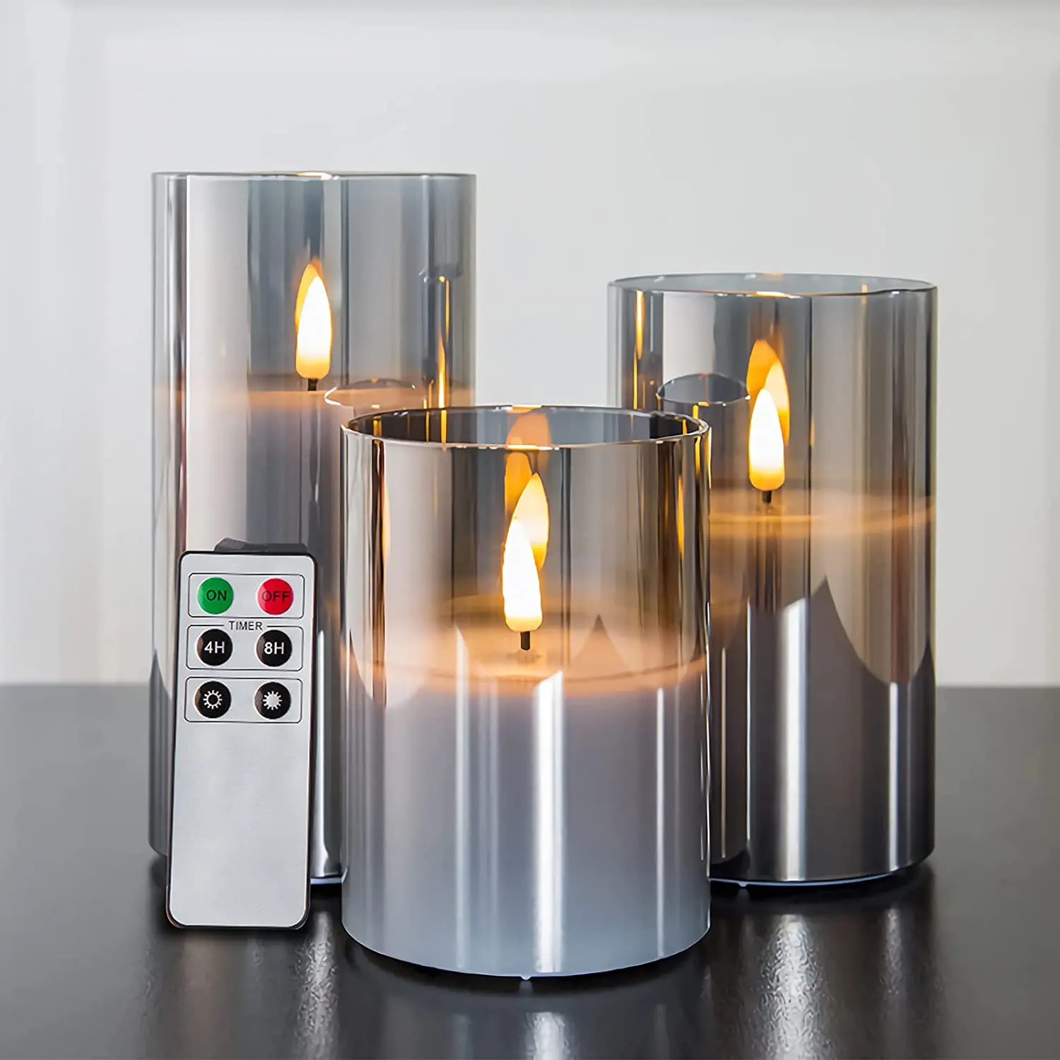 Flickering Led Candle Pillar Wax Wick Grey Light Christmas Tea Artificial Halloween Set Glass Flameless Remote Battery Operated