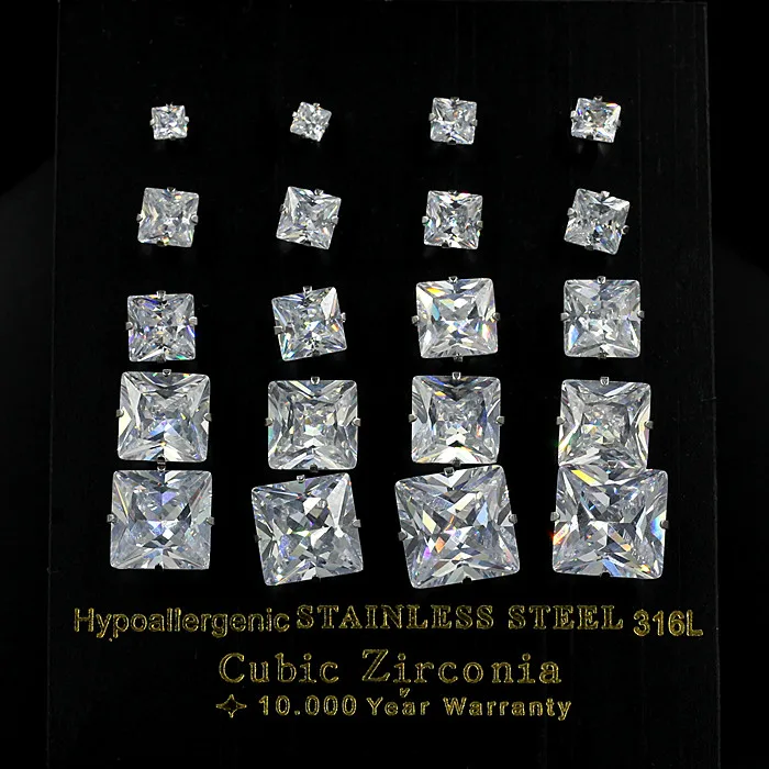 LUXUSTEEL Luxury Crystal Stud Earrings For Women Men Silver Color Stainless Steel Square Cubic Zirconia 3mm-10mm Fashion Jewelry 3