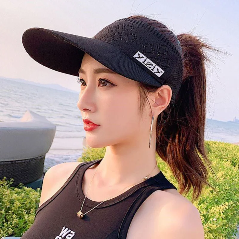 여름 스포츠 햇빛 가리개 모자, 탑이 비어있는 통풍성 런닝 사이클링 캡, 여성용 넓은 챙 모자, 통기성 자외선 차단 모자