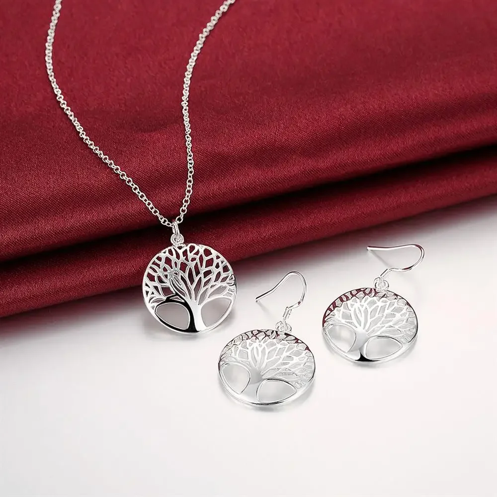 

New korean fashion 925 Sterling Silver Round leaves Pendant necklace earrings for woman Jewelry sets Party wedding gifts