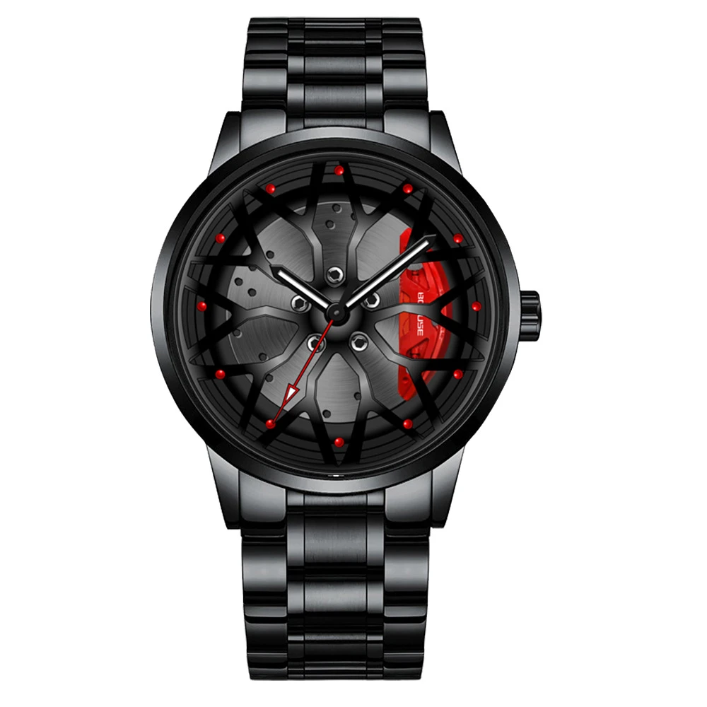 2022  Hot Sell Car Rim Wristwatch 360 Degree Rotating Wheel Rim Dial Watches Stainless Steel Waterproof Sport Quartz Clock