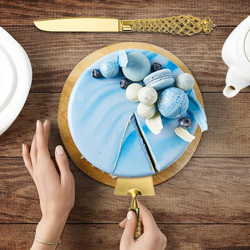 2Pcs/Set Gold Cake Cutting Set Cake Shovel Wedding Party Knife Server Kitchen Dessert Pie Fondant Divider Cutter Spatula