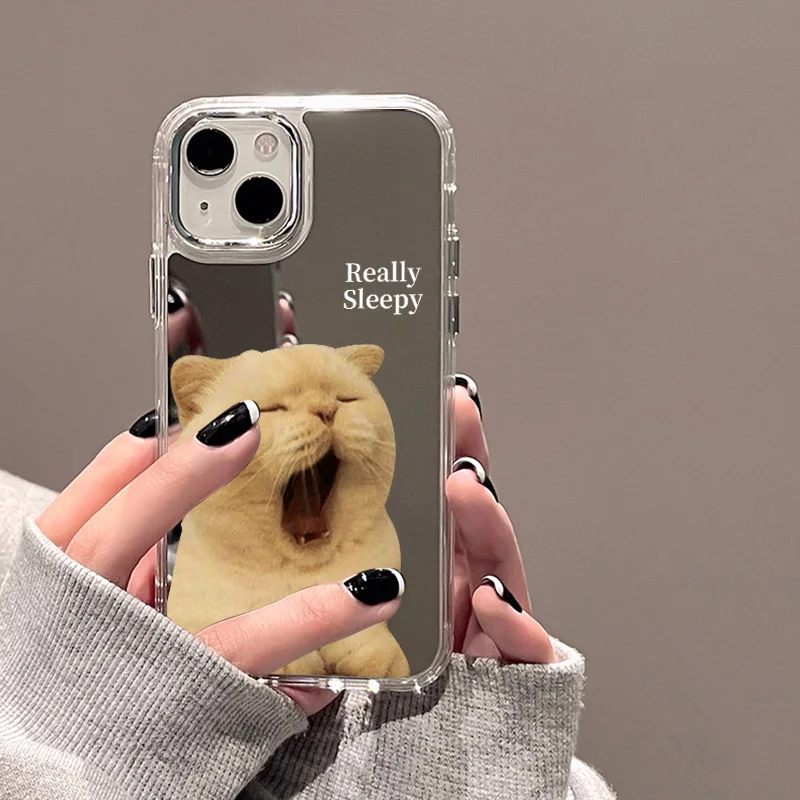 Cute Cat Pattern Mirror Phone Case Per Iphone 14 Pro Max 15 12 13 11 Xr X Xs Max Case Make Up Mirror Hard Back Cover Bumper Capa