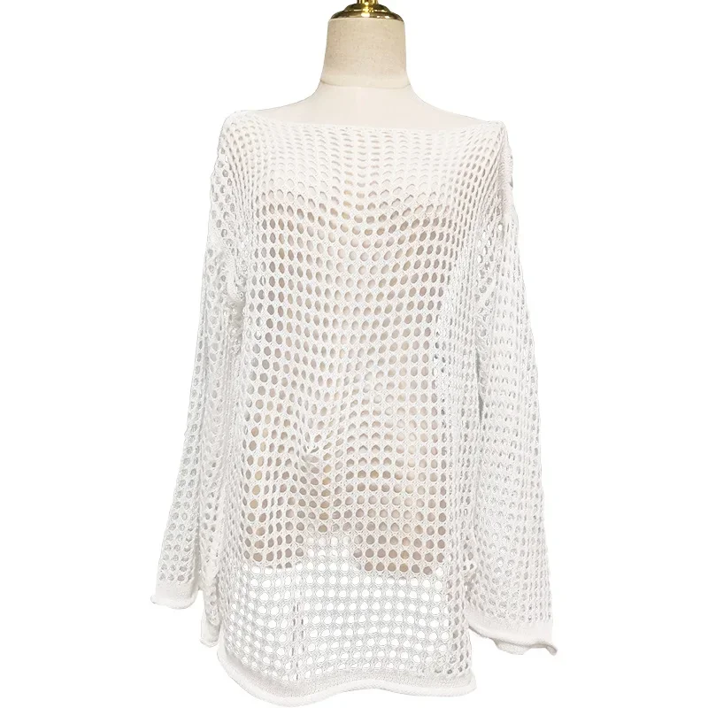 Summer Beach Pullover Top Women's Hollowed-out Flare Sleeves Loose Knitwear Sexy Sweater Crochet Bikini Swimwears Cover-Ups