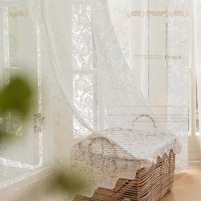 

New French Curtains for Living Dining Room Bedroom Phoenix-tail Lace Translucent Opaque Sunscreen Shading White Veil