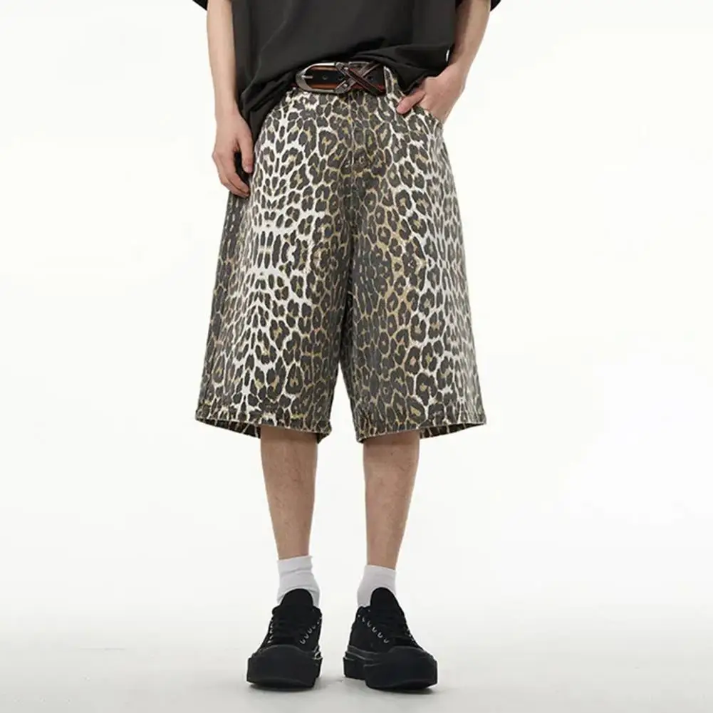 Mid-rise Button Detail Pants Leopard Print Unisex Denim Pants Retro Streetwear Club Trousers for Women Men with Zipper Button