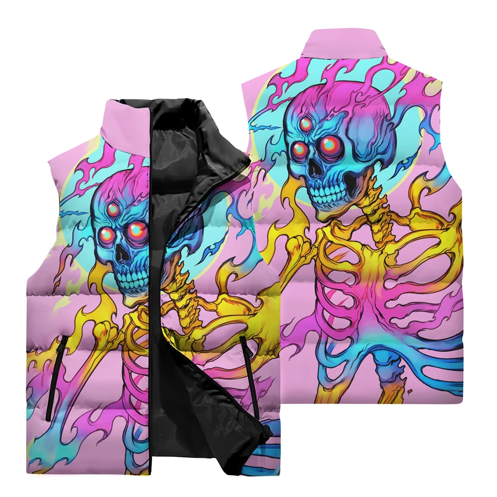 thumbnail image 2 of Chaqueta sin mangas con estampado de calavera 3D para hombre, estilo hip hop callejero, resistente al viento, cálida, con cuello alto y bolsillo con cremallera, 2 of 5