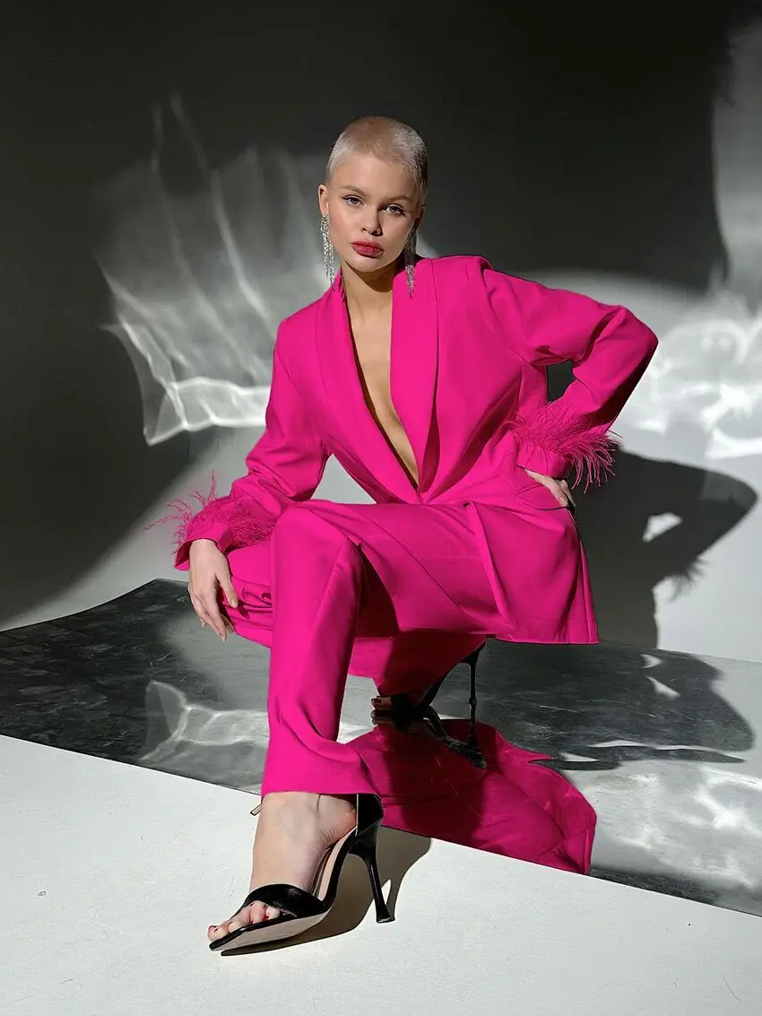 Spring Summer 2023New Fashion Party Set Women's High Quality Feather Splice Lapel Blazer+Straight Pants 2Pieces Loose And Casual