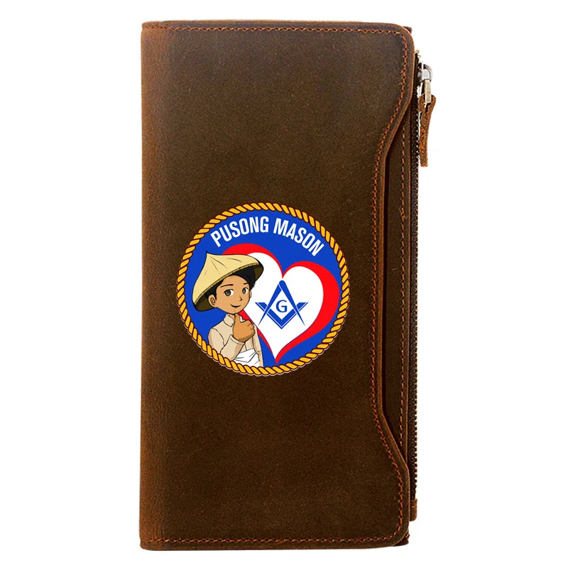 Pusong Mason Design Printing Long Wallets Zipper Large Capacity Genuine Leather Male Purse Clutch Bag BI1461