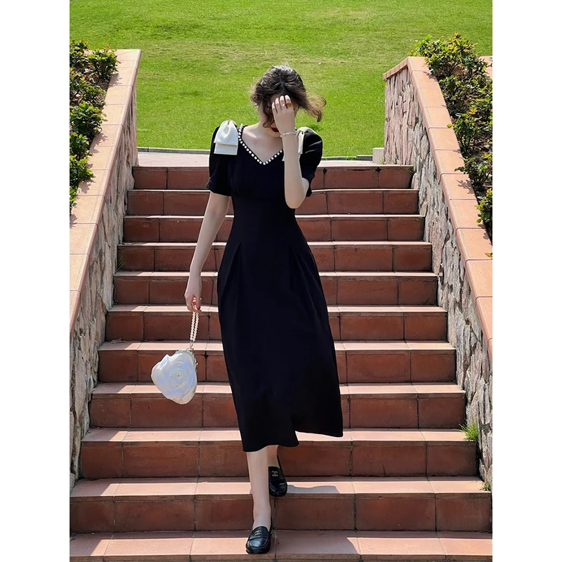 Vintage Dresses Korean Black Dress Style Elegant Black Women Dress Vintage  Casual Office Ladies New Korean Fashion Short Sleeve Pearl V-Necked Summer  Dresses Female 2023 AliExpress 200000345