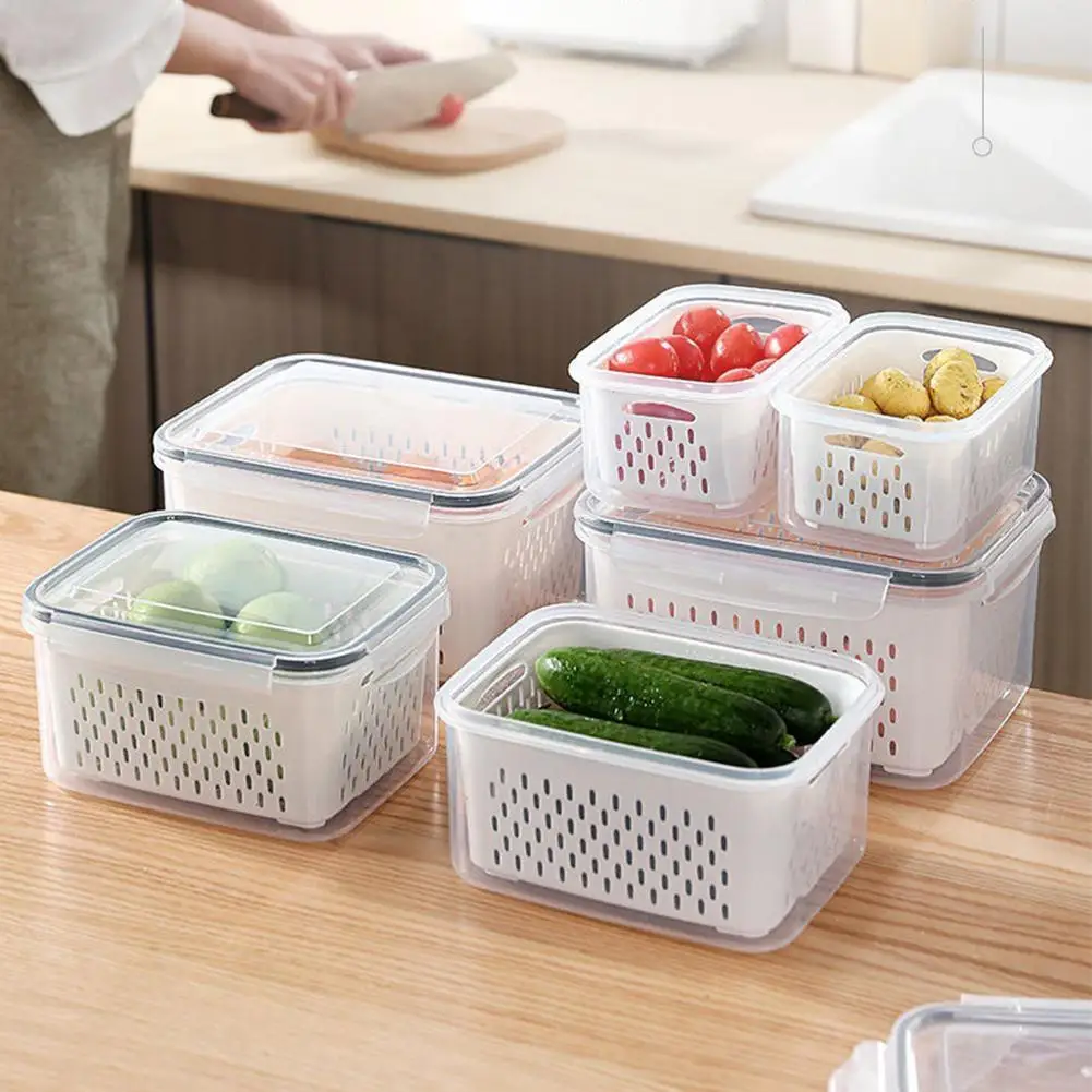 Refrigerator Storage Box Fridge Organizer Fresh Vegetable Fruit Boxes Drain  Basket Storage Containers Pantry Kitchen Organizer