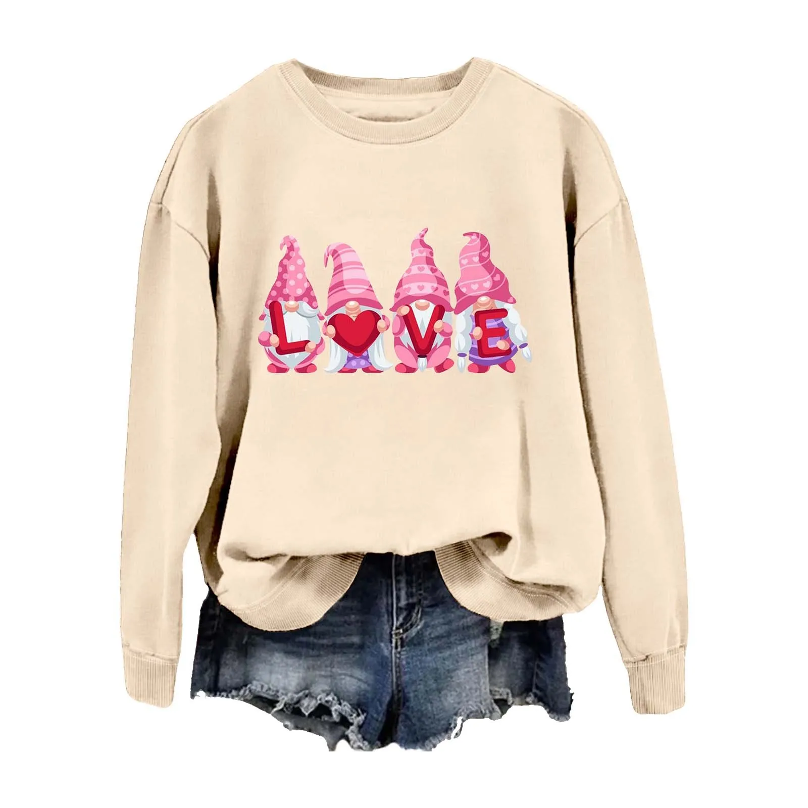 

Cute Cartoon Love Letter Combine Print Sweatshirts Long Sleeve Round Neck Women Pullover y2k Street Valentine's Day Gift Tops