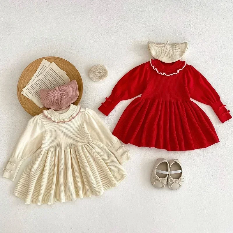 

Princess Baby Girl Dress 0-4Years Kids Solid Color Puff Sleeve Knitwear Pleated Dresses One-Pieces Outwear Spring Fall Clothes