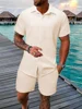 2025 New Summer Men's casual daily outdoor travel solid color jacquard lapel short-sleeved Shirt drawstring Shorts two-piece Set 5