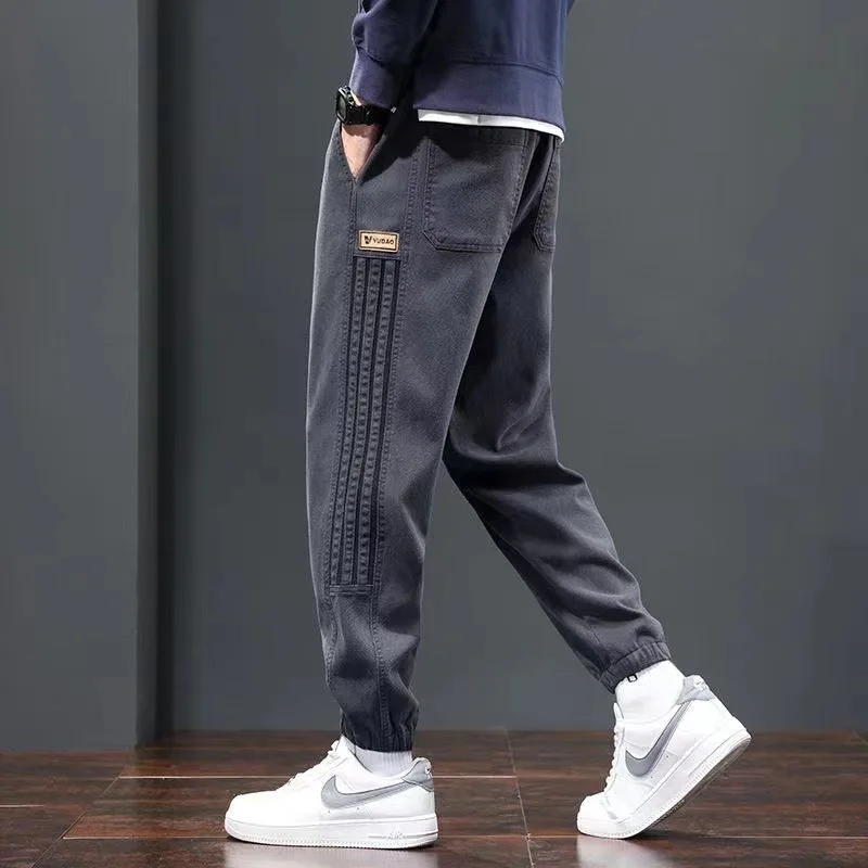 New Spring And Autumn Men's Leisure Travel Jeans Loose Tie Feet Youth High Quality Black Brand Designer Workwear Pants Dark Grey