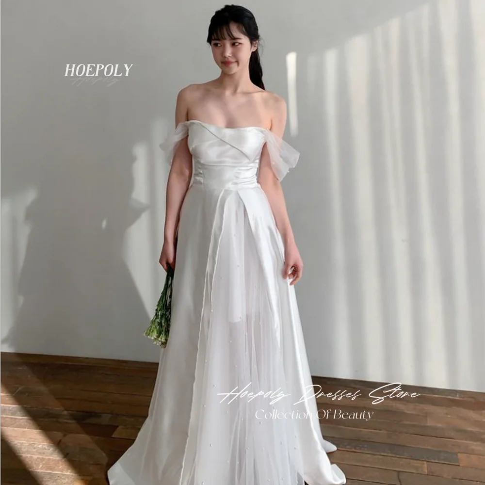 

Hoepoly Pearls Simple Strapless Off The Shoulder Sleeveless A Line Evening Dress Floor Length Sweep Train Formal Prom Gown 프롬드레스