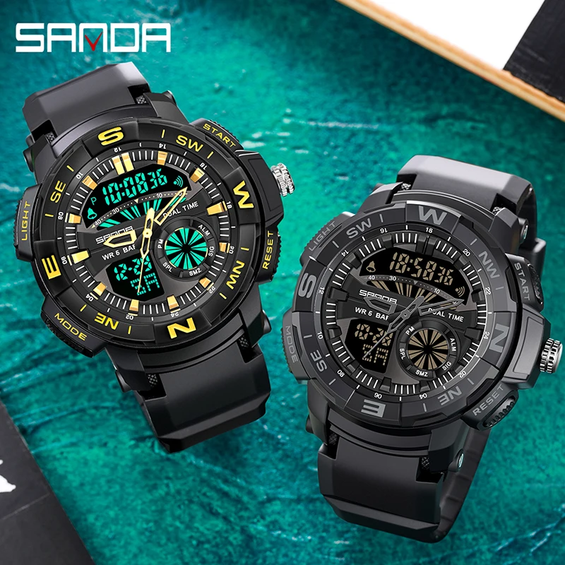 SANDA 2022 New Watches For Men 50M Waterproof LED Clock Alarm Reloj Hombre Dual Display Wristwatch Sport Military Quartz Watch