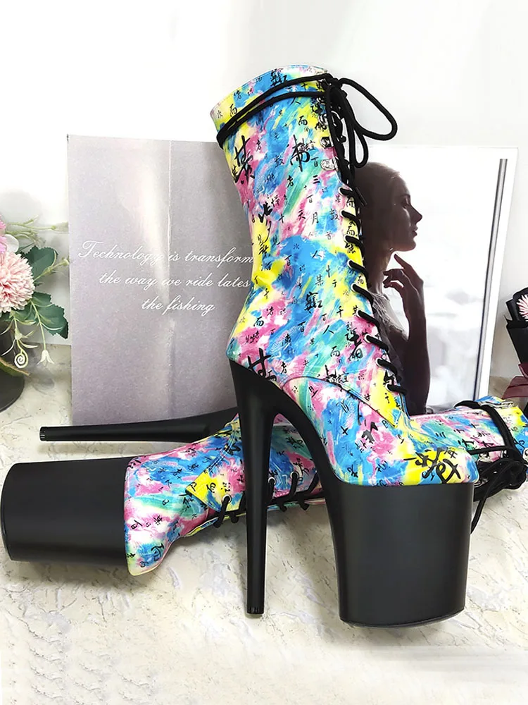 

Stripper Heels Thin Heels 20cm Exotic Dancer Ankle Boots Platform Lace Up Nightclub Big Size Round Toe Pole Dance Cross Dressing
