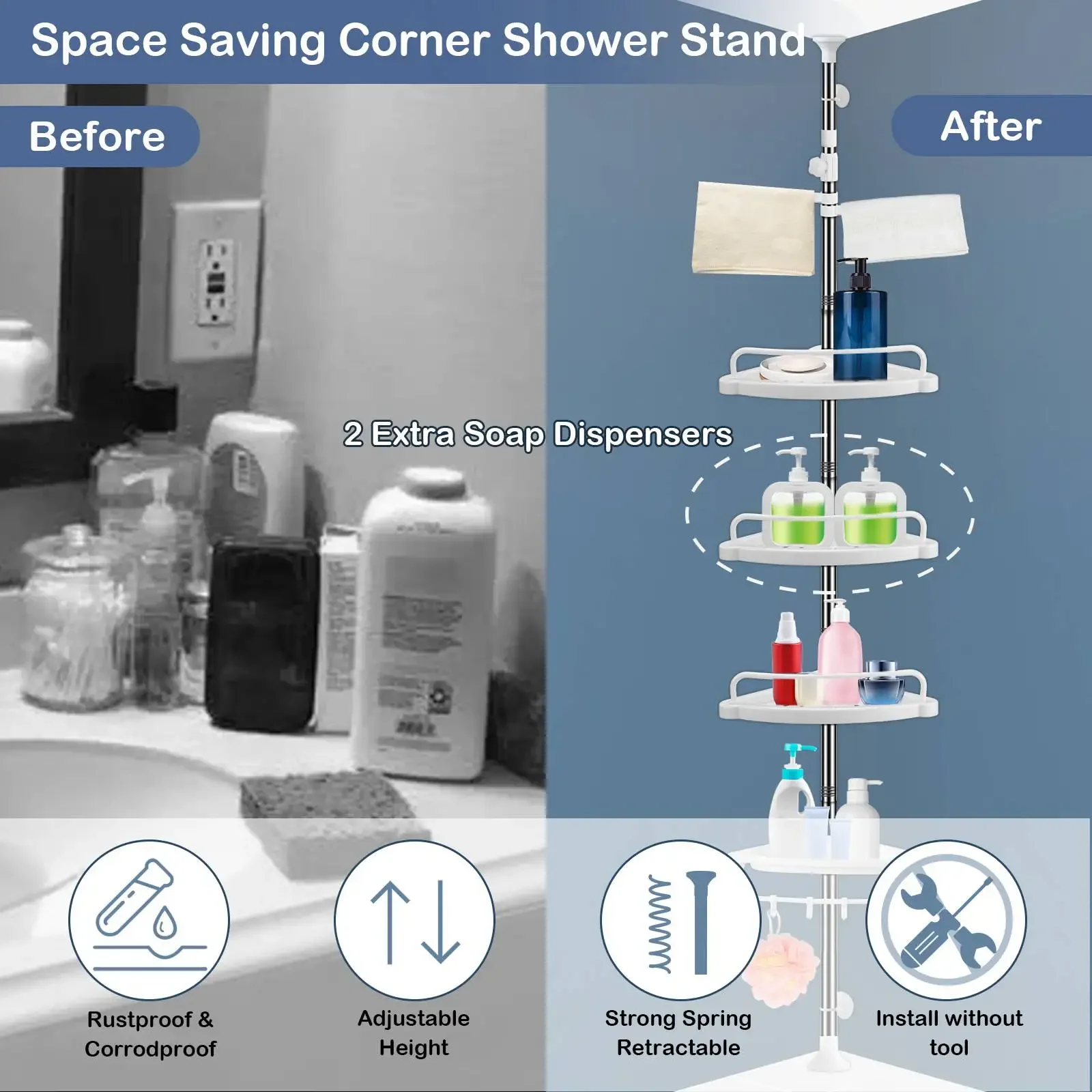 Bathroom Organizer Adjustable Tension Shower Pole Caddy, 4 Shelves, Satin  Nickel - AliExpress