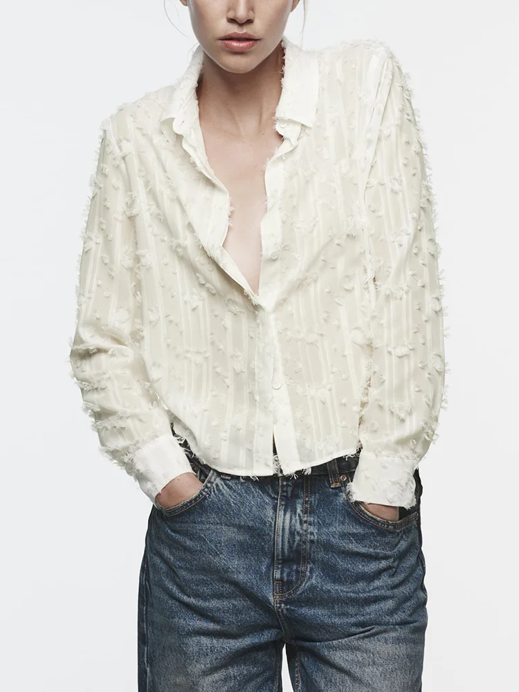 

Women Shirts Tops 2023 High Street Fashion Spring Summer Frayed Shirt Top Lapel Collar Long Sleeve Buttoned Casual White Shirt