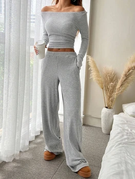Women's Solid-Color Ribbed Loose-Fit Crew-Neck Top and Pocketed Wide-Leg Pants Set 5