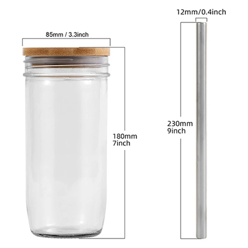 1pc/set Reusable 24oz Mason Jar Cup With Bamboo Lid, Glass Straw