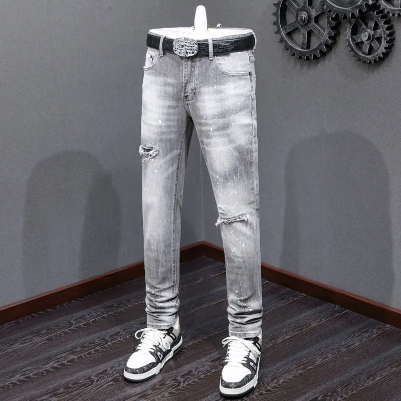 Street Fashion Men Jeans High Quality Retro Gray Stretch Slim Fit Ripped Jeans Men Painted Designer Hip Hop Brand Pants Hombre