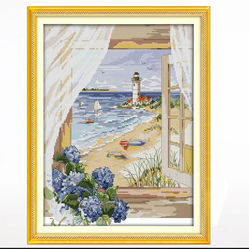 

The sea view out of the window cross-stitch living room bedroom hanging painting, 11CT/14CT hand-embroidered