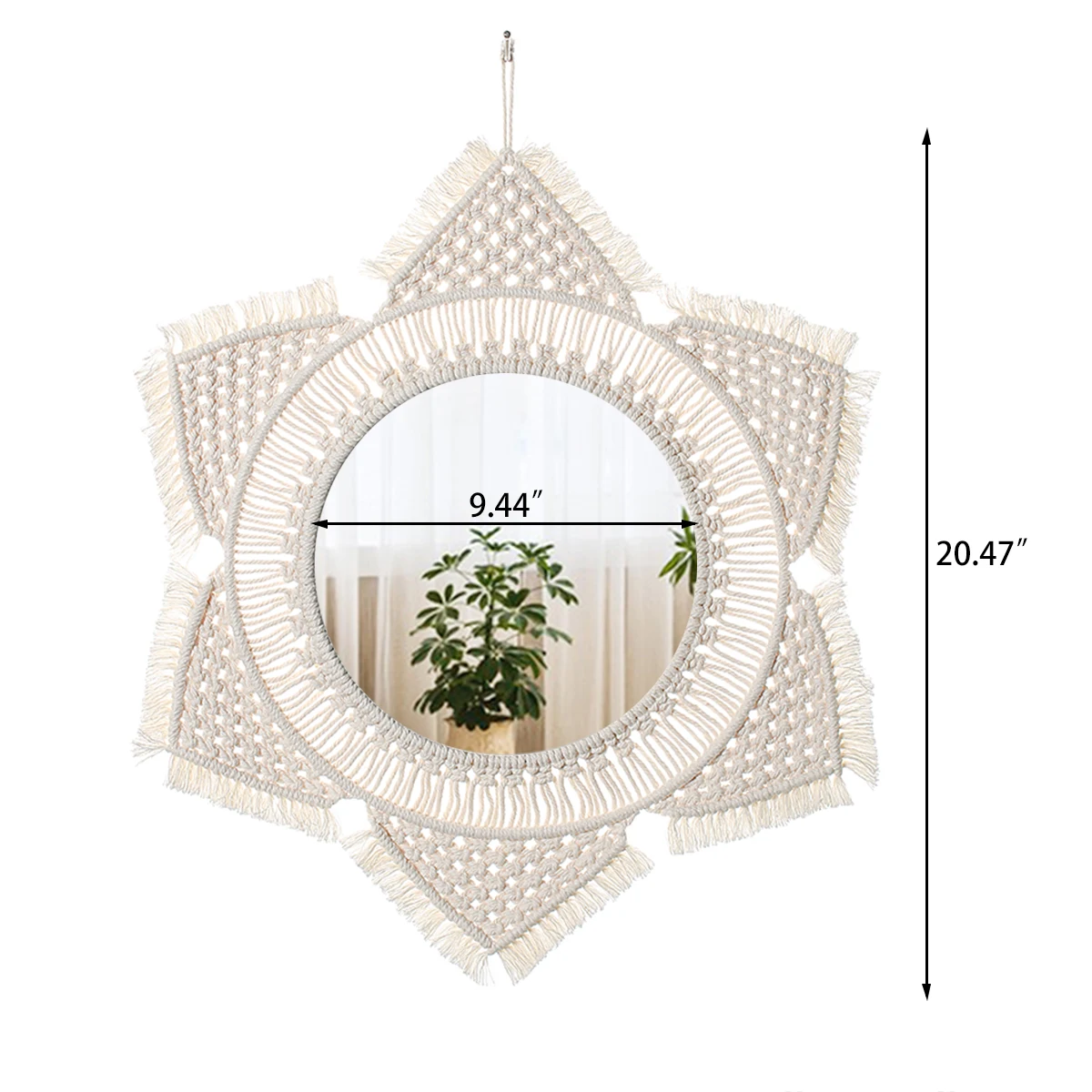 Miroir mural suspendu avec franges en macramé rond Boho Mirror Art Decor  pour appartement salon chambre bébé crèche dortoir entrées 