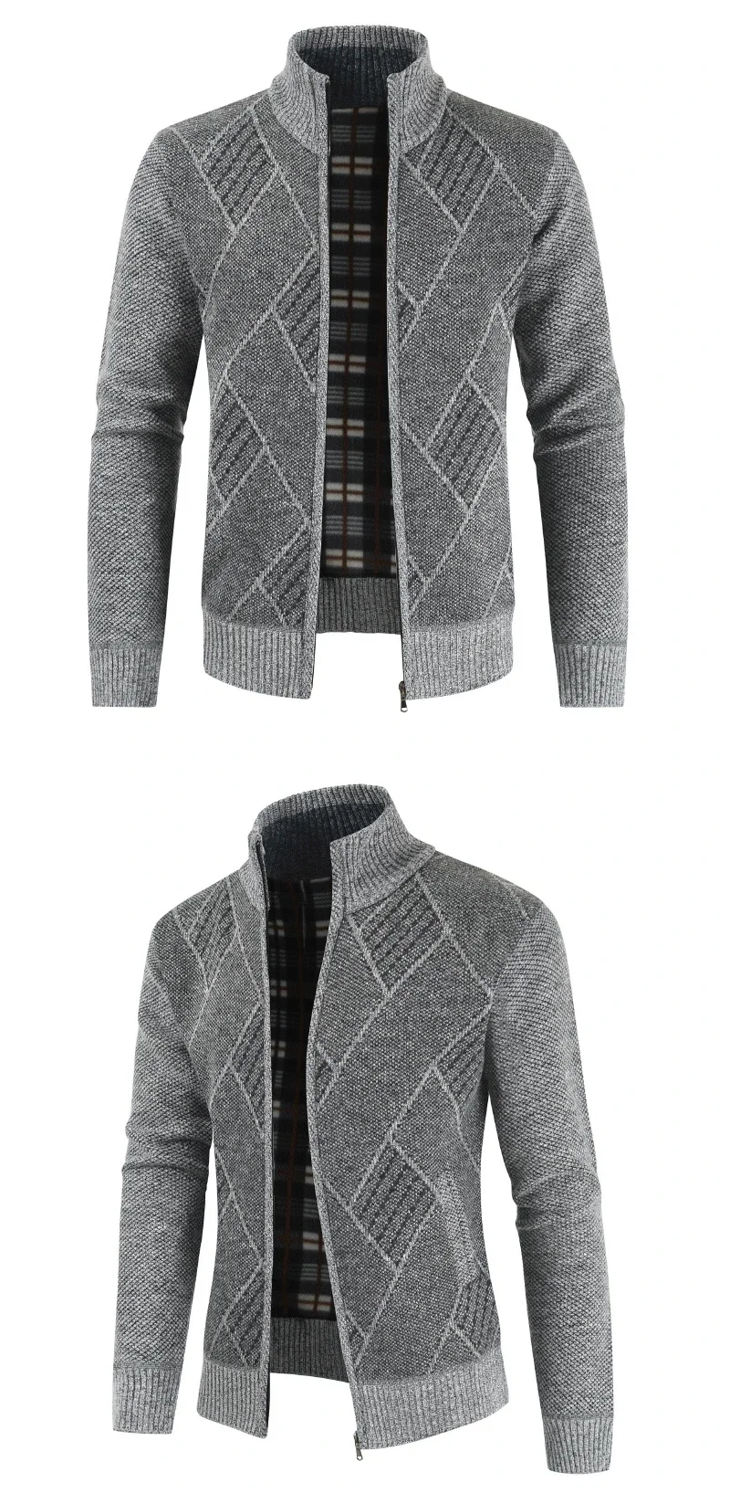 Description Picture 3 of item2023 New Men's Sweater Youth Fashion Trend Zipper Cardigan Stand Up Collar Plaid Casual Sweater Coat