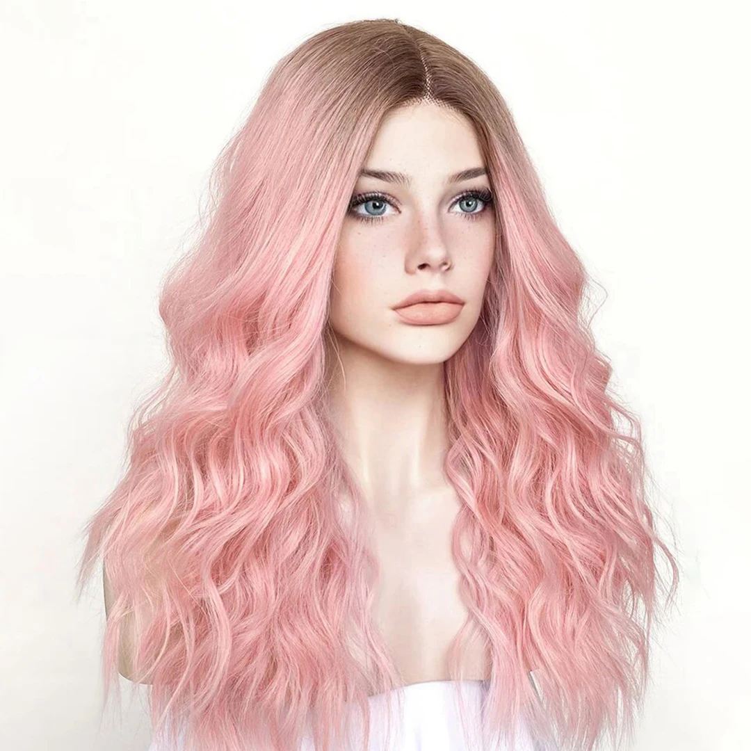 Ombre Brown Roots Pink Blonde Synthetic Hair Wigs Glueless 13x4 Transparent Lace Front Wigs for Women Easy Wear