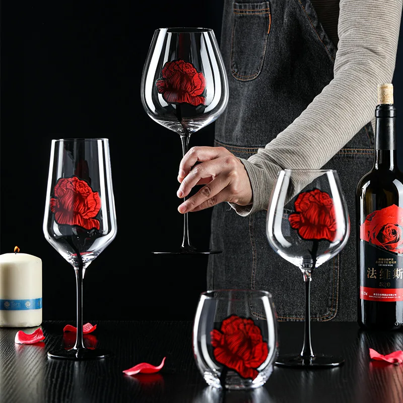 

New Red Wine Cup Creative Rose Imprinted Glass Wine Cup Household Glass Whiskey High Foot Wine Cup