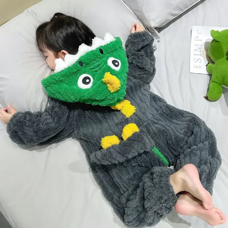 Children's Thick Coral Fleece Jumpsuit Little Girl's Autumn and Winter Cartoon Climbing Clothes Baby Flannel Hooded Home Clothes