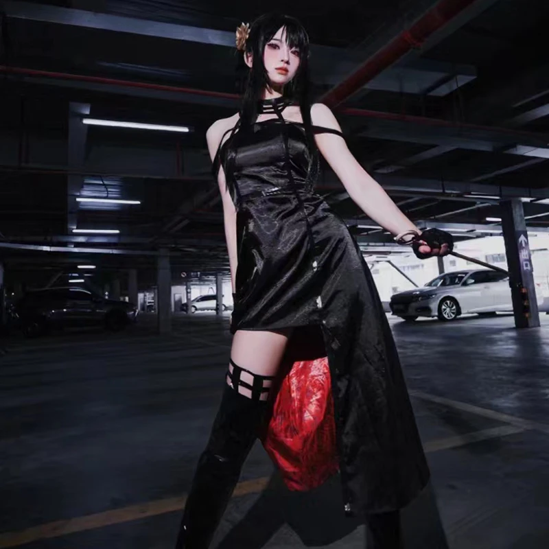 

Anime Spy X Family Yor Forger Cosplay Costume Wig Black Dress Outfit Sock Glove Headdress Earring Suit Halloween Party Dress Up